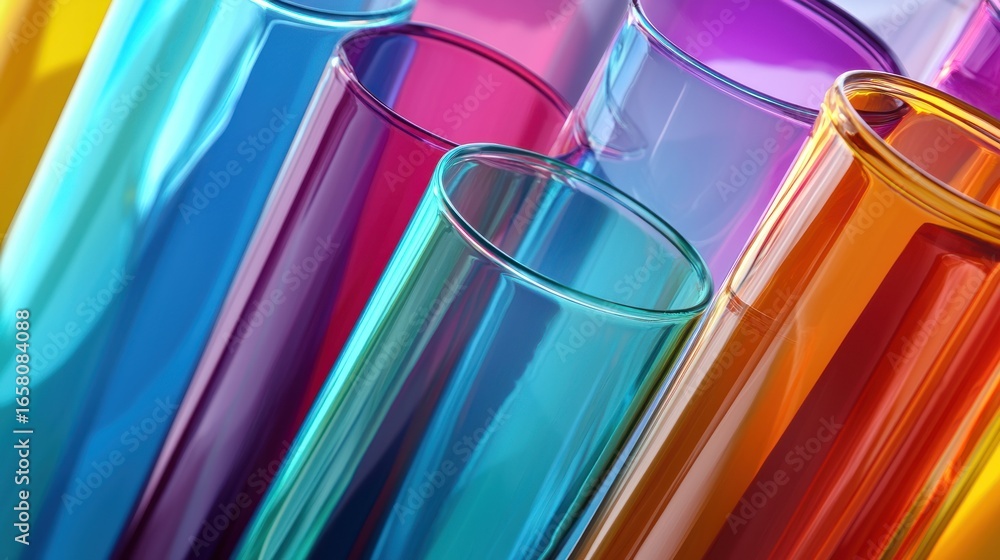 Poster a colorful array of test tubes, each filled with a different colored liquid, arranged in a visually 