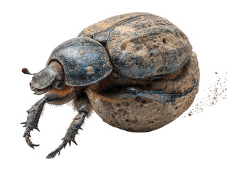 Detailed macro shot of a dung beetle pushing a ball of dung isolated on transparent background