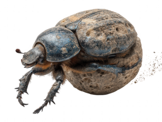 Detailed macro shot of a dung beetle pushing a ball of dung isolated on transparent background