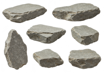 Collection of seven rough gray granite stones isolated on a transparent background, showcasing natural textures and geological formations