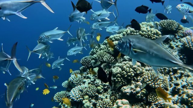 School of jackfish swimming near coral reef in blue ocean water