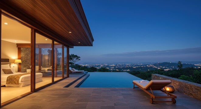Modern, luxurious villa at twilight, featuring an infinity pool overlooking a sprawling city lightscape. Large glass doors connect the bedroom to the outdoor patio and pool area.  