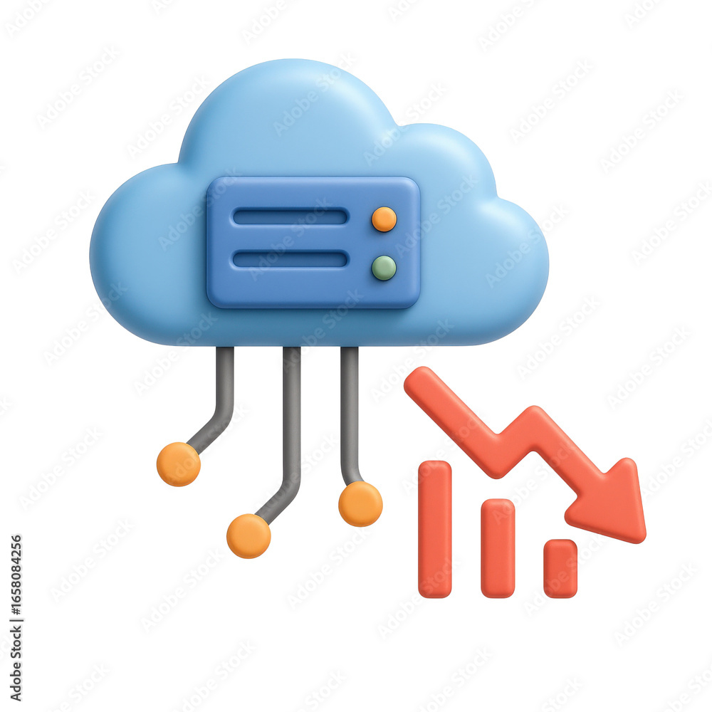 Poster efficiency recession concept. cloud computing with downward trend graph icon.