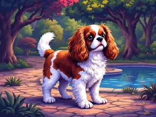 Cavalier King Charles dog in park brown white