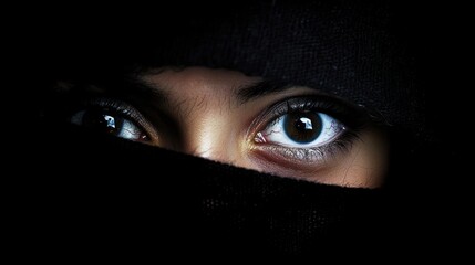 Naklejka premium A woman's face with a black veil covering her eyes, set against a dark background with a spotlight effect, highlighting her eyes and the veil.