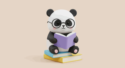 Naklejka premium Adorable cartoon panda wearing glasses sitting on a stack of colorful books reading a purple book with a soft neutral background