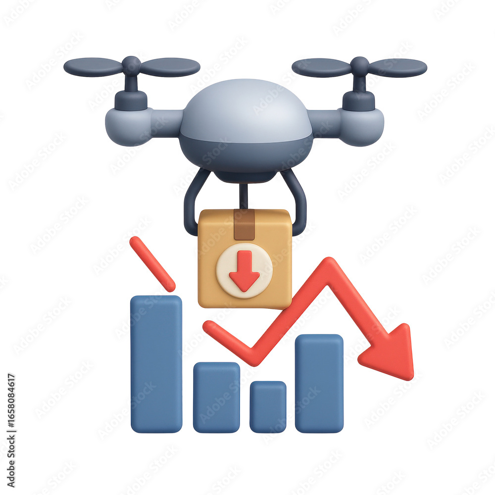 Poster efficiency recession concept. drone delivering a package with a graph showing a downward trend.