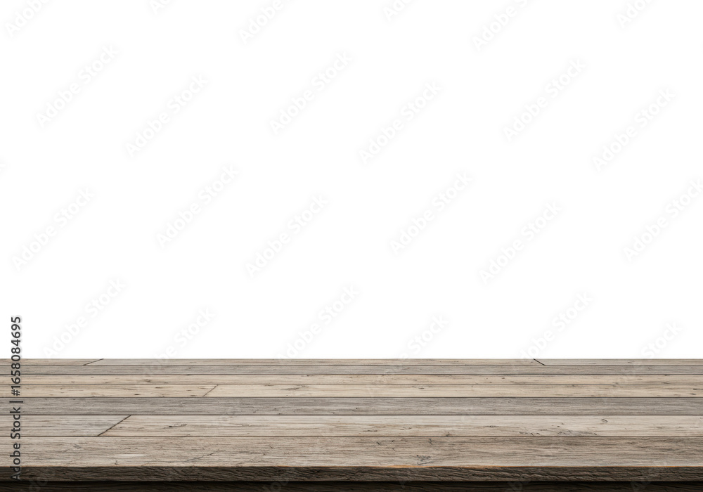 Poster rustic weathered wooden table surface isolated on transparent background, perfect for product displa