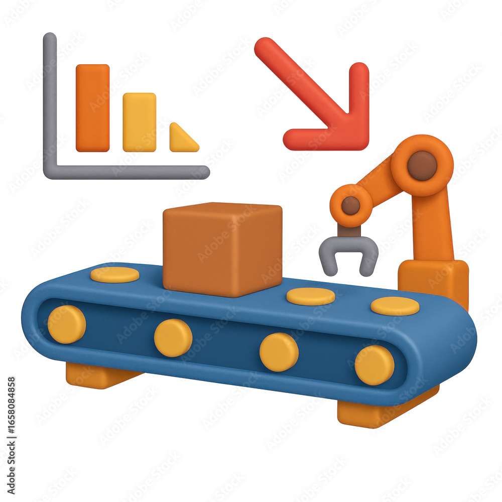 Aufkleber efficiency recession concept. conveyor belt with robotic arm and block.
