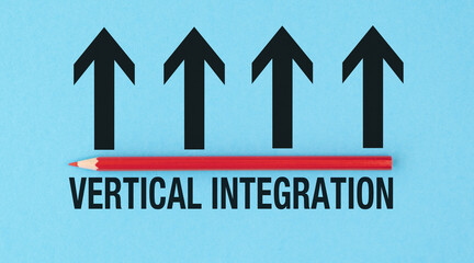 A pencil is placed on a blue background with four arrows pointing upwards. The pencil is red and is placed in the middle of the image. The image is titled Vertical Integration