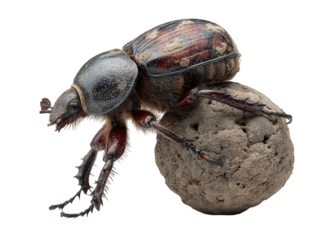 Detailed macro shot of a dung beetle on a ball of dung isolated on transparent background