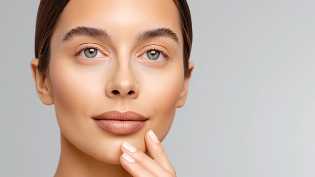 Woman with elegant hairstyle gently touching her chin, showcasing a serene expression and flawless skin, transitioning through a thoughtful moment of self-reflection and beauty appreciation