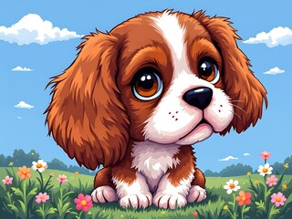 Cute cavalier king charles spaniel in grassy field