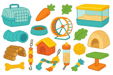 Pet shop assortment. Cartoon vector set of small animal care accessories. Hamster or guinea pig equipment, food, toys, cage, carrier, wheel. Isolated illustration collection.