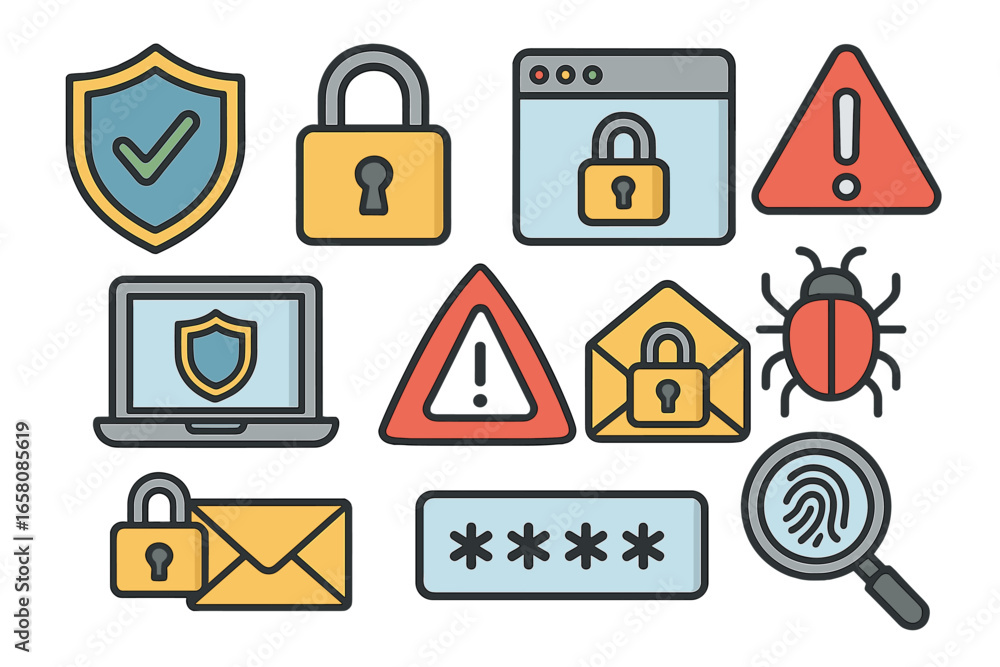 Poster cybersecurity icon set. data protection and internet security concepts. vector collection with shiel
