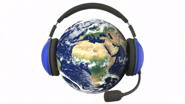 Global communication headset connects world, symbolizing worldwide connectivity and customer service innovation.
