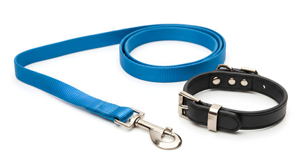 Vibrant Blue Nylon Dog Leash and Elegant Black Leather Pet Collar with Shiny Metal Hardware, Isolated on Pure White Background, Perfect for Pet Training and Walking.