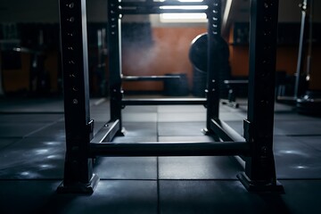 Closeup of a power rack in a dimly lit gym, ready for a workout