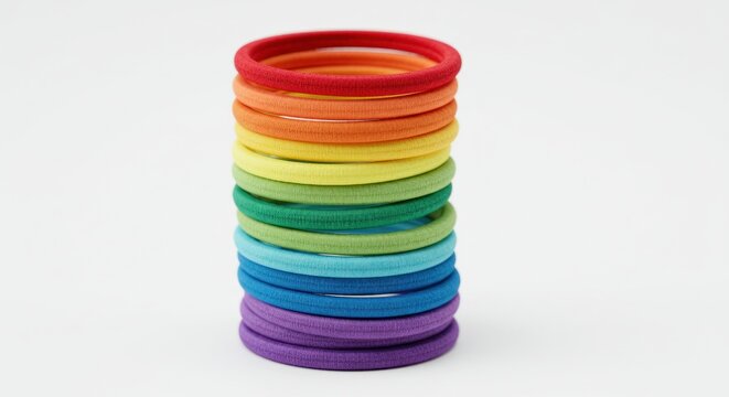 A vertical stack of ten colorful hair ties, displaying a rainbow spectrum of colors, against a plain white background. The perspective is a medium shot