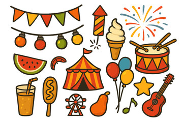 Fototapeta premium Set of festival and carnival elements. Fun fair icons collection with circus tent, food, and music. Celebration vector illustration pack. Party decoration and entertainment symbols.