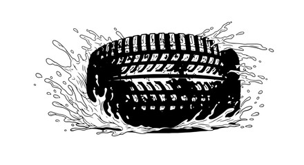 Dynamic tire splashing through water, conveying power, movement, and automotive action in a modern design