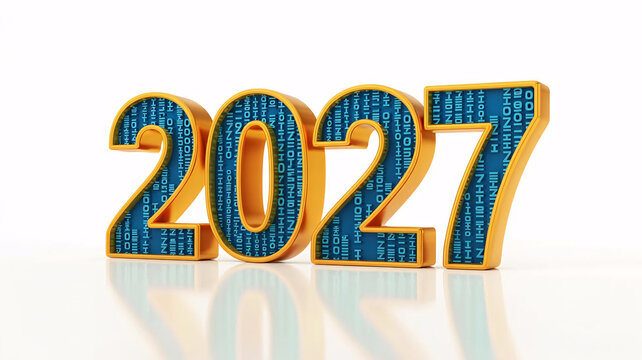 Golden '2027' numerals with futuristic digital circuit patterns symbolize technological advancement and new beginnings.