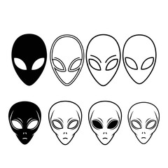 Obraz premium Set icons. Extraterrestrial alien face or head symbol for apps and websites. in black colors, Vector illustration.