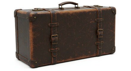 Distressed Vintage Brown Leather Suitcase with Brass Hardware Isolated on White. Classic Antique Travel Luggage with Worn Texture and Scratches.