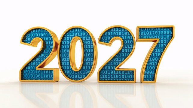 Celebrate the future with dynamic 2027 digital numbers showcasing binary code and golden accents - Powered by Adobe