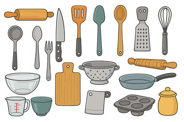 Vector cartoon set of kitchen utensils for cooking. Culinary tools and home baking equipment collection. Food preparation icons with pan, knife, spoon, and whisk illustration.