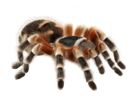 Detailed close up of a hairy tarantula spider isolated on transparent background