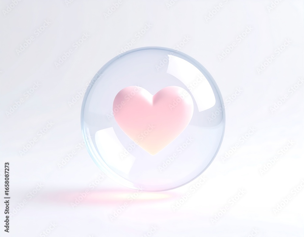 Poster a soft pink heart encased within a clear spherical bubble creating a delicate and tender image