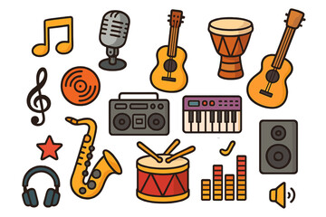 Music icon set. Cartoon vector collection of musical instruments and audio equipment. Guitar, drum, sax, keyboard, mic. Sound production, hobby and entertainment concept.