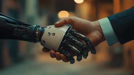 an image captures the moment of a handshake between a human hand and a robotic hand