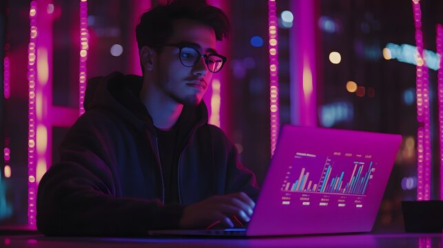 the scene is dominated by a focused individual working on a portable computer in a dimly lit setting - Powered by Adobe