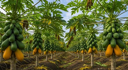Vibrant Papaya Plantation Under Blue Sky