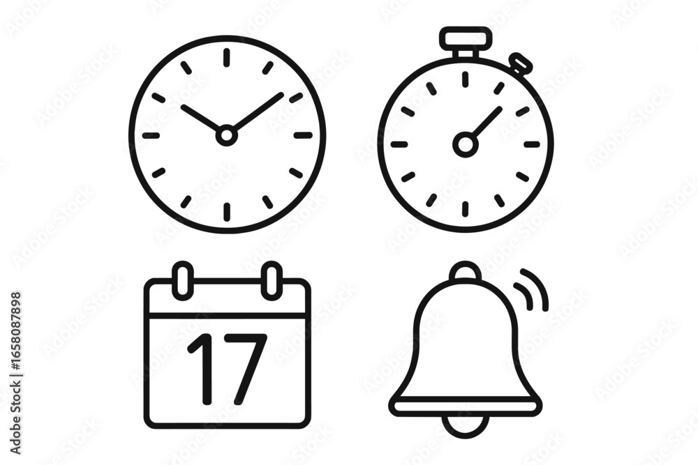Poster time management outline icon set. vector collection of simple linear symbols for punctuality, planni