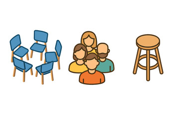 Therapy session isometric icon set. Group therapy, support group meeting concept. Psychology and mental health vector icons. Circle of chairs, people avatars, facilitator stool.