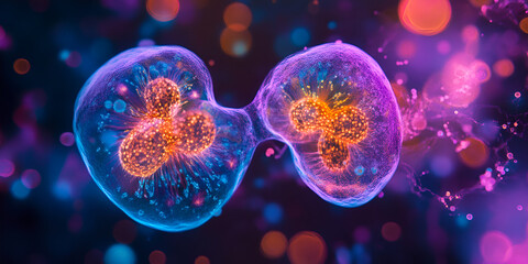 Cell Division in Progress Mitosis 3D Illustration, Colorful 3D Representation of Cellular Reproduction, Scientific Visualization of Mitosis Splitting Cell Animation
