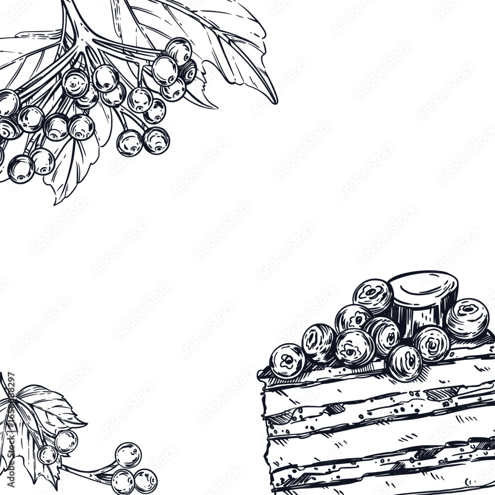Aufkleber vector frame of viburnum berries and a piece of cake with berries and marshmallows. all objects are 
