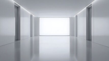 the image shows a modern, minimalist interior space with a sleek and bright appearance