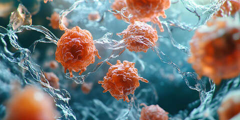 3D Visualization of Immune Cells T-Cells or Macrophages, Microscopic View of Red Immune Cells in Medical Research, Immune System Response Seen Through Biomedical Imaging
