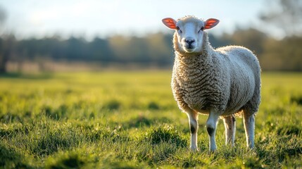 Naklejka premium A sheep standing in a grassy field with a blurred background, looking directly at the camera.