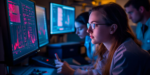 Women in Data Science Real-Time Bioinformatics and Analytics, Team of Researchers Analyzing Genetic or Market Data, Advanced Data Monitoring in Scientific Research Environment
