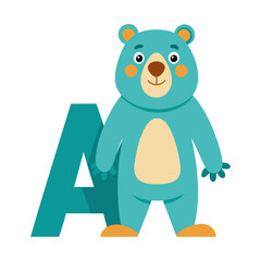 Playful Bear Alphabet A Illustration, Cute Kids Animal Character, Learning ABC, Fun Educational Vector, Children's Book Design, Colorful Artwork