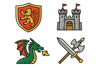 Fantasy medieval icon set. Vector cartoon assets for games. Heraldic shield with lion, fairytale castle, dragon, and crossed sword and axe. Knight and battle elements.