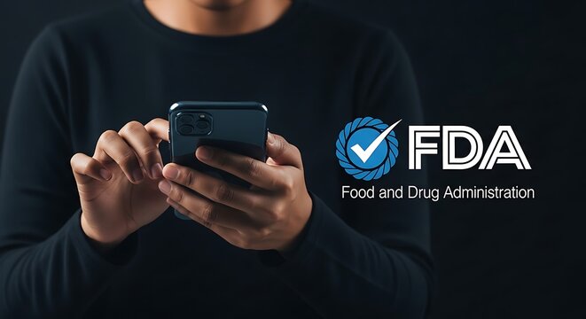 Person holding phone with F D A logo hands mobile