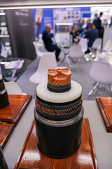 A black and white wire is on a wooden stand