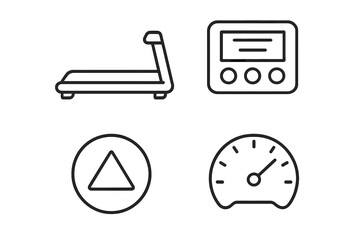 Modern treadmill dashboard workout icons set. Outline fitness treadmill belt, digital display panel, incline adjustment button, speed meter, vector gym equipment, transparent background illustration.