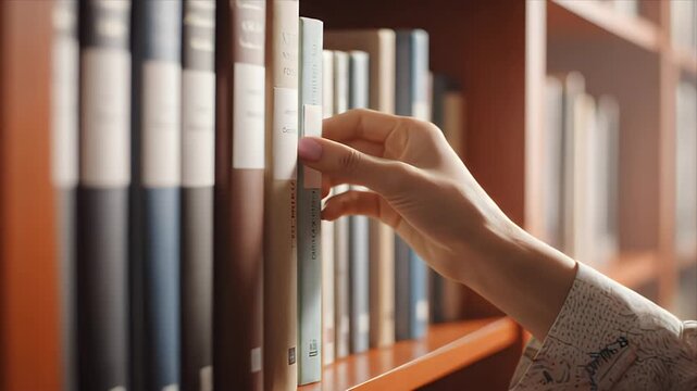 A close-up view of a hand gently selecting a book from a well-stocked wooden bookshelf in a quiet library or study emphasizing reading learning and research